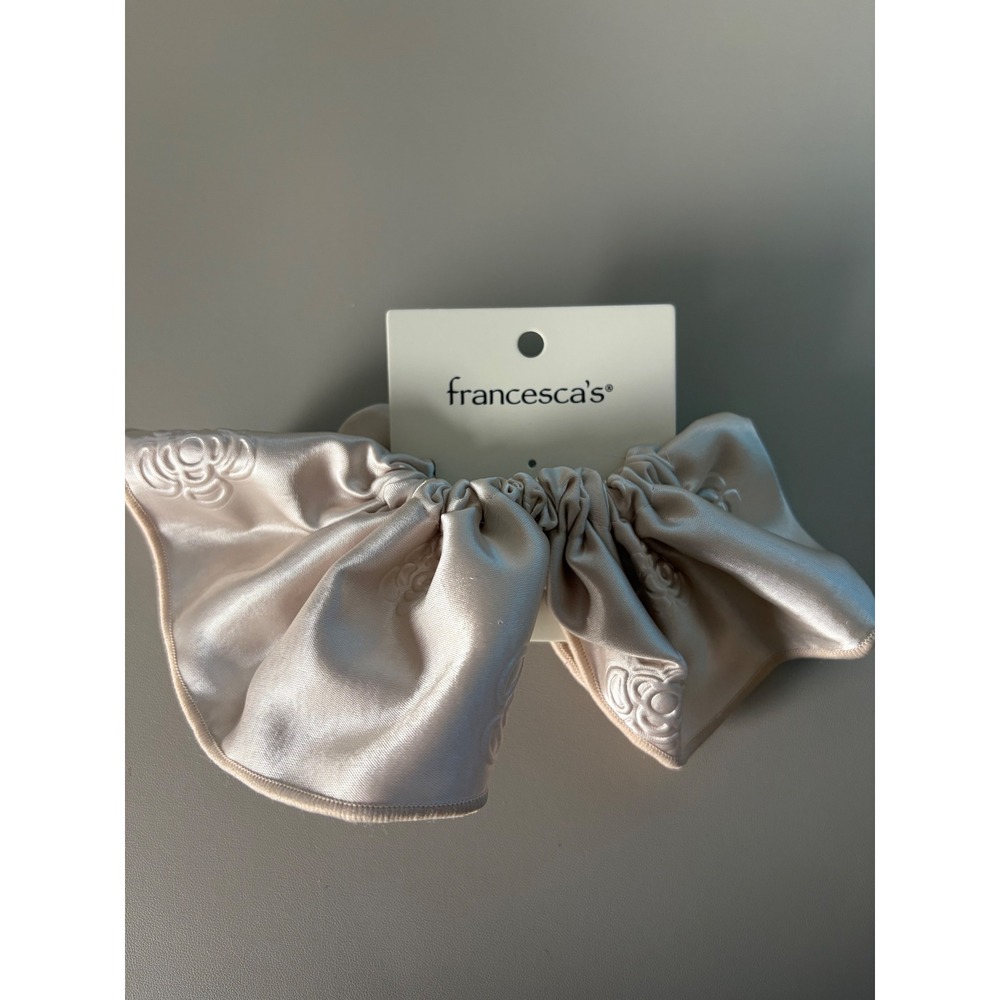 Francesca's Ivory Satin Oversized Bow Scrunchie Floral‎ Embossed Hair Accessory